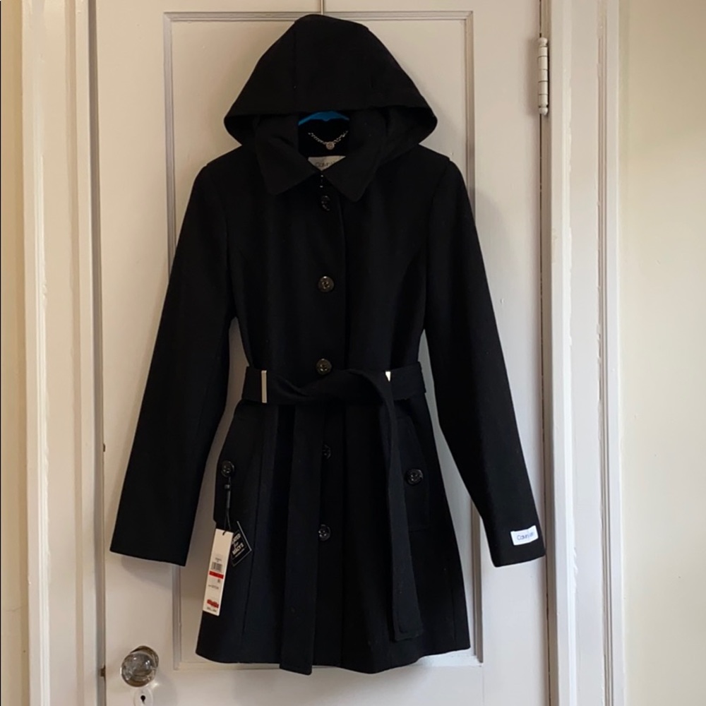 Calvin Klein Petite Hooded Belted Coat NWT